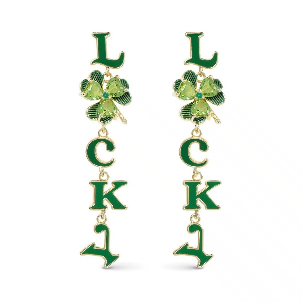 New AMANDA BLU GOLD CZ LUCKY AND CLOVER DANGLE EARRINGS